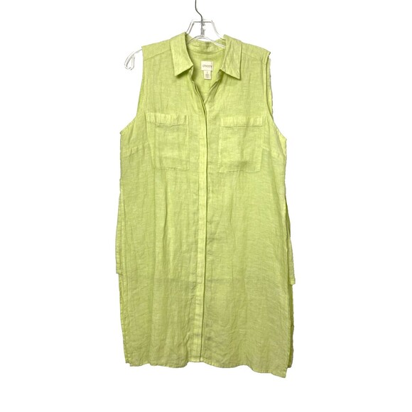 Chico's Button Up Tunic Shirt Size 1 Green 100% Linen Sleeveless Longline Slit - Picture 1 of 12